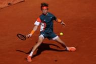 Andrey Rublev plays a forehand in his match against Arthur Fils of France during day one of the Rolex Monte-Carlo Masters. Getty